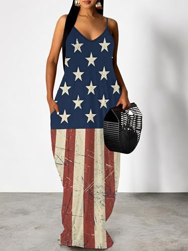 Image of Women's Summer Maxi Dress Spaghetti Strap Floral Boho Beach Long Sundress with Pockets
