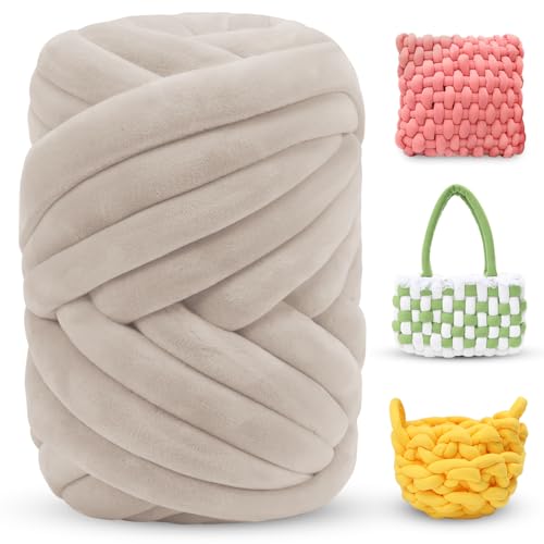 LEREATI Thick Chunky Yarn for Arm Knitting, Jumbo Tube Knit Blanket Soft Velvet Yarn for Crocheting Handbags, Hand Knitting, Pet Bed, Rugs, Pillows, Crafts (Beige, 1.1lbs)