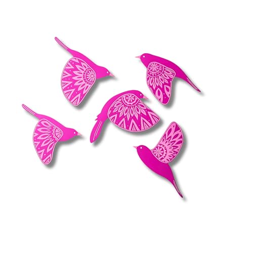 Image of DAKSHESTRY ARTWORKS Wooden 3D 5 Pieces Birds for Wall Art Panel | Wood Bird Folk Art Wall Hanging Art Decoration Item for Living Room, Bedroom, Drawing Room, Dining Room & Office (PINK) Pack of 1