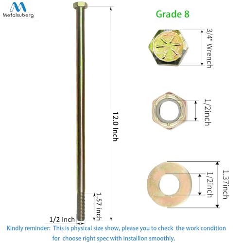 Image of 1 /2 inch x 12 inch Hex Head Bolt by Color Galvanization with Nylon Lock nut and Large Size Washer Assortment Kit,Alloy Steel,Grade 8.(4pcs Pack)