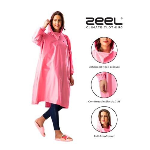 Image of ZEEL Unisex Outdoor Rain Poncho for Adult, Waterproof, Lightweight & Packable, Polyester Pullover Full Sleeves Hooded Rainwear, Raincoat for Camping, Hiking, Travelling (AZ33, Free Size, Pink)