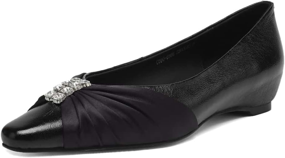 TinaCus Handmade Women's Genuine Leather Closed Toe Ruched Rhinestone Ballet Flat Shoes