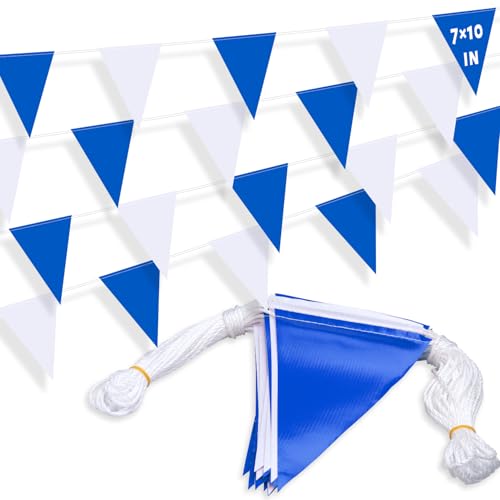 105ft Pennant Banner Flags, 7x10 Blue and White 45 Pcs High Visibility Safety Flagging on String, Triangle Pool Flags for Backstroke, Construction Events Party Decoration Parking Marking Outside