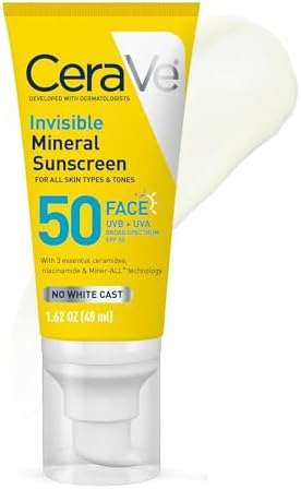 CeraVe Invisible Mineral Sunscreen SPF 50, Face Sunscreen for Sensitive Skin With Zinc Oxide & Titanium Dioxide, Vitamin E + Niacinamide + Ceramides, Oil Free, Travel Size 1.62 oz