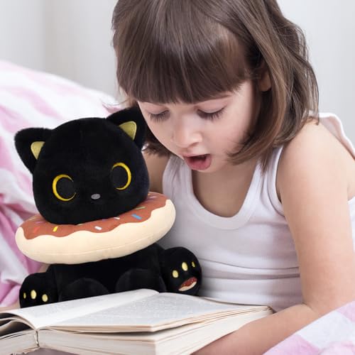 Image of Black Cat Plush, 8inch Donut Black Cat Stuffed Animal Cute Plushies Toys for Girls Boys, Kawaii Kitten Plushie for Kids Adult, Birthday