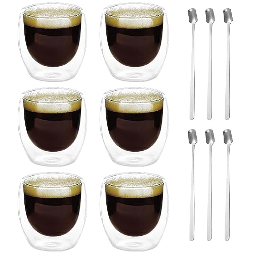 Set di 6 bicchieri da caffè a doppia parete, da 80 ml, a doppia parete, con 6 cucchiai, cappuccino, tazze da caffè, caffè e ghiaccio, bicchieri termici