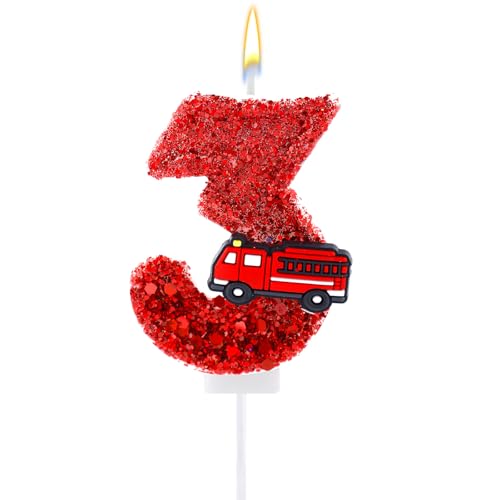 Bougie Numéro d'Anniversaire, Paillettes Rouges Camion Pompier Bougie Joyeux Anniversaire Décoration Gâteau Numérique pour Garçons Filles Pompier...