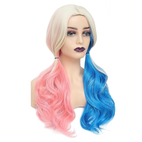 PORSMEER Pink and Blue Long Curly Wigs for Women Cosplay Halloween Party Show Daily use Wig synthetic fibers Women Suicide Squad Harley Quinn Wig (Harley Quinn) - Image 3