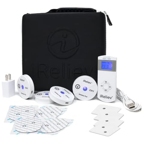 iReliev Wireless TENS + EMS Therapeutic Wearable System Wireless TENS Unit + Muscle Stimulator Combination for Pain Relief, Arthritis, Muscle Strength, Case & 4 Receiver Pods Cover