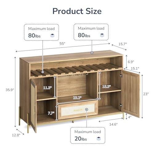 Belleze Camel Marcel 55" Rattan Bar Cabinet - Boho Storage Sideboard