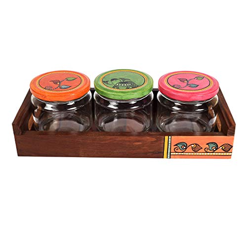 Image of AAKRITI ART CREATIONS Tray in Wood with 3 Glass Jars | Madhubani Art Lids | Set of 4 | Natural Brown, Matte Finish | Kitchen & Dining Table Decorative Storage | Glass Container for snacks