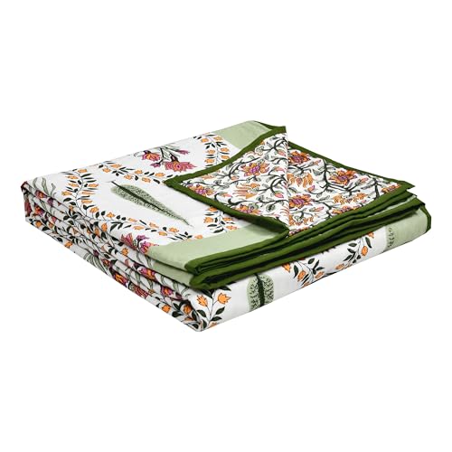 Image of BLOCKS OF INDIA Hand Block Printed Cotton Single Size Reversible Malmal Dohar for Summer (Green Patti)