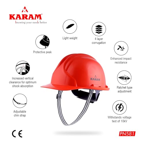 Image of KARAM PN581 Safety Industrial Helmet for Men | Light Weight with Ratchet Type Adjustment | Comfortable Fit & Durable Hard Hat | EN Certified | Orange