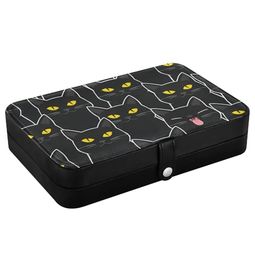 senya Leather Jewelry Box, Black Cats Pattern Necklace Ring Earrings Storage Organizer for Women Travel Jewelry Organizer