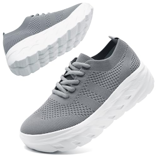 IQYNAM Women's Platform Shoes Lady Fashion Sneakers Youth Girl Chunky Sneakers Comfort Dressy Casual Shoes Wide Toe Breathable Walking Tennis Sport Shoes Thick Soled Gray US 10