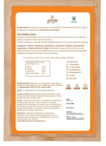 Go-Yogik Lakadong Kurkumapulver – 150 g , Hoher Curcumingehalt 7–9 %, Laborgeprüft auf Reinheit | Glutenfrei, Ohne Gentechnik, Traditionell angebaut & sonnengetrocknet | Superfood & Ayurveda