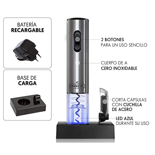 Miniatura 3 de Twinz Up Sacacorchos Eléctrico Inalámbrico - Profesional Abridor De Vino Electrico Recargable Base De Recarga Con Corta Cápsulas - Caja De Regalo