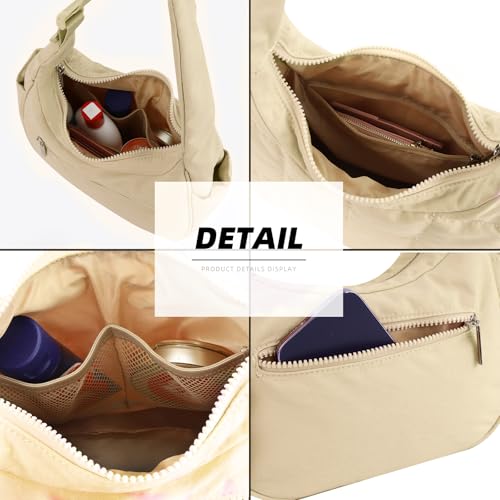 Image of Small Puffer Crescent Underarm Shoulder Bag for Women, Nylon Quilted Purses Handbags with Adjustable Strap, Khaki