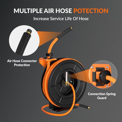 Giraffe Tools Retractable Air Hose Reel Wall Mount 3/8\" x 50 ft Hybrid Hose, Air Compressor Heavy Duty Steel Reel Auto Rewind 300PSI, 50ft, Tangelo