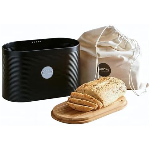 Cooks Professional Ribbed Bread Bin with Linen Bag & 2-in-1 Bamboo Cutting Board Lid Cover