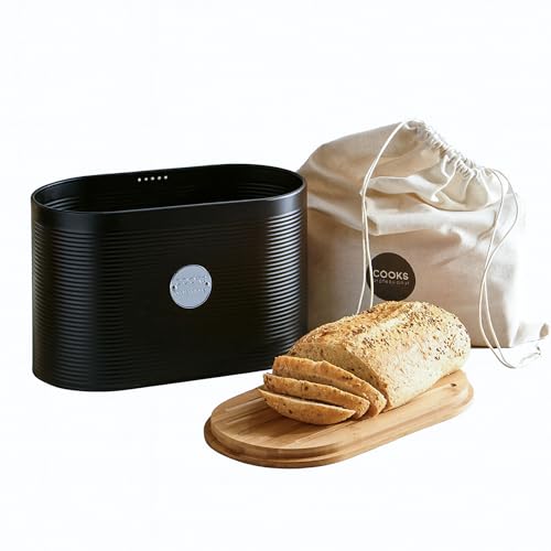 Cooks Professional Contenitore per il pane a coste con sacchetto di lino e coperchio in bambù 2 in 1, moderno, elegante e traspirante, contenitore per alimenti per pagnotte, rotoli, pasticcini, nero e