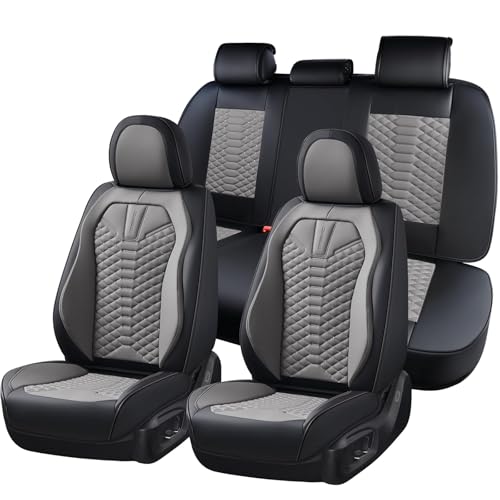 Image of Coverado Seat Covers Full Set, Waterproof Nappa Leather Seat Covers for Cars, 5 Seats Universal Car Seat Protectors, Black and Gray Automotive Seat Covers Car Seat Cushions Fit for Most Cars
