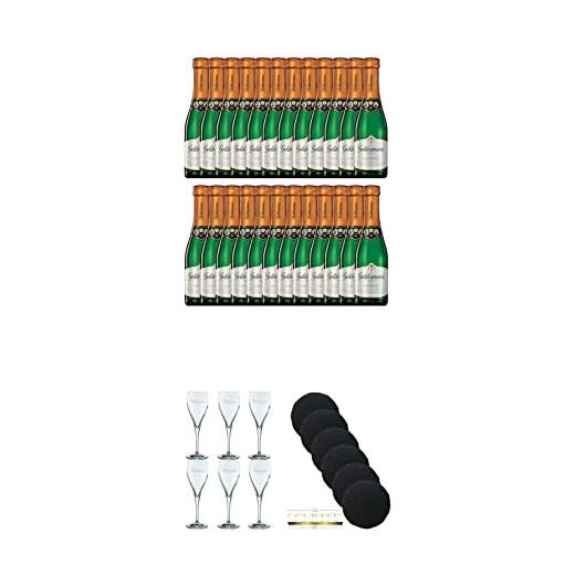 Söhnlein Brillant Sekt Trocken (12 x 0,2 l) 3 Geldermann Sekt Carte Blanche 24 x 0,2 Liter Piccolo Flaschen + Geldermann Gläser 6 Stück + Schiefer Glasuntersetzer rund 6 x ca. 9,5 cm Durchmesser