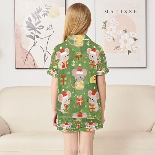 Satin Pajama Sets Short Sleeve Christmas Mice with Cheese Button Down Silky Nightwear 2 Piece PJS 5-14Y4