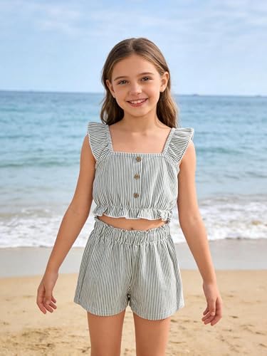 Image of Girl's Summer Clothing Sets Knit Ruffle Striped T-Shirt and Shorts 2 Piece Outfits