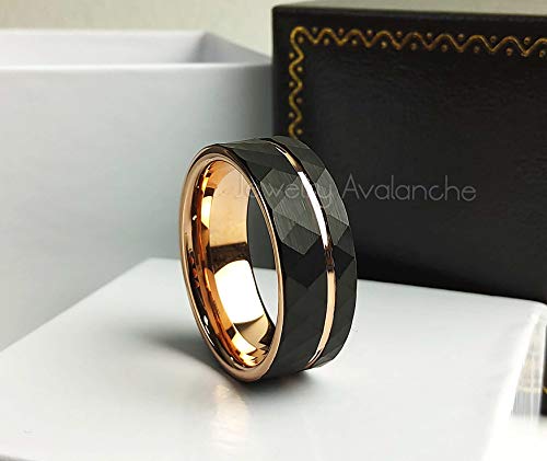 2-Tone Men's Tungsten Ring Black & Rose Gold Hammered Finish Pipe Cut Faceted Tungsten Carbide Wedding Band 8MM4