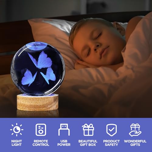 Image of 3D Butterfly Crystal Ball Night Light with Woodern Base, 3.15 inch Butterfly Figurine Glass Lamp with 16 Colors Cute Desk Decor for Home Butterfly Gifts for Women Kids Friends