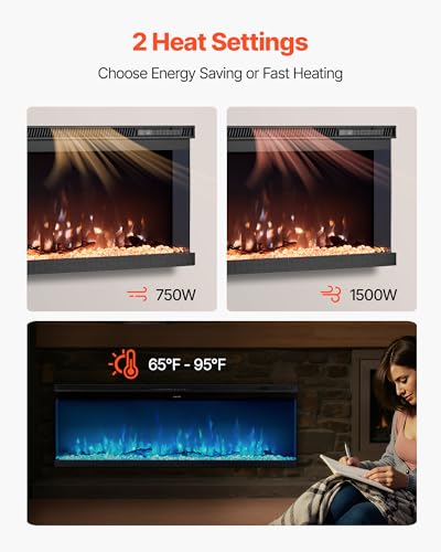Image of VEVOR 72 inch Electric Fireplace, Three-Sided Glass Wall Mounted Recessed Fire Place with Remote Control, Timer, 1500W, Adjustable Flame Color Brightness,Overheat Protection, for Living Room,Bedroom