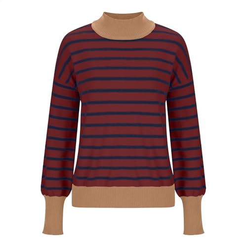 Bidobibo Womens Sweaters Dressy Casual Fitted Striped Crewneck Knitted Sweater Long Sleeve Knitted Pullover Y2K Fall Clothes Wine