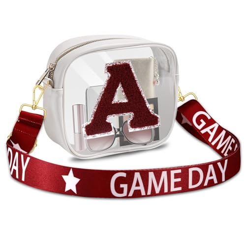 Clear Bag for Stadium Events, Crimson White Football Purse Game Day Stadium Approved Clear Crossbody Purse for Sports Events (Burgundy White 2)