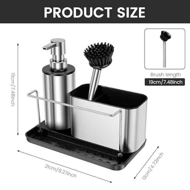 Sponge Holder for Kitchen Sink, Kitchen Sink Caddy with Soap Dispenser and High Brush Holder, Organizers and Storage Essentials (Silver)