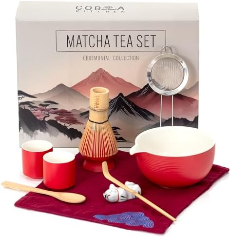Lucky Red Matcha Tea Set arranged with red ceramic matcha tools and cups.