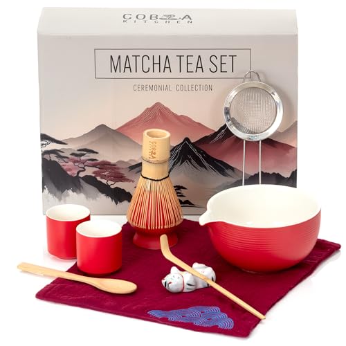 Lucky Red Matcha Tea Set – Japanese Matcha Kit with Bamboo Whisk, Sieve, Scoop, Cups & Ceramic Bowl – Red Matcha Ceremonial Set – Authentic Gift Set & Accessories for Smooth, Frothy Tea. 2 cups
