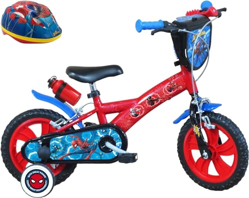 A.T.L.A.S. Bicicleta de 12 '' Spiderman Equipada con 2 Frenos, Placa Frontal Decorativa, Guardabarros, cárter y estabilizadores. + Casco Spiderman Incluido