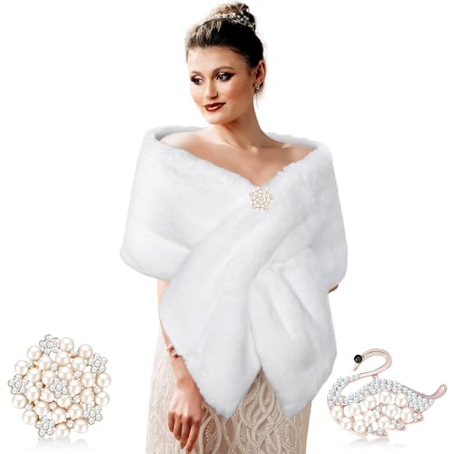 Châle en fausse fourrure Jadive avec 2 broches en strass pour femme