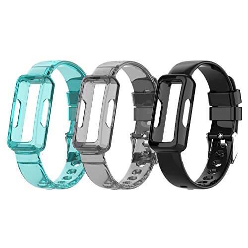 Compatible with Fitbit Ace 2 Kid's Band, Soft Silicone Crystal Transparent Bumper Sports Wristband Replacement Straps for Fitbit Ace 2/Ace 3/Luxe/Inspire/Inspire hr/Inspire 2 (Black&Gray&Teal)