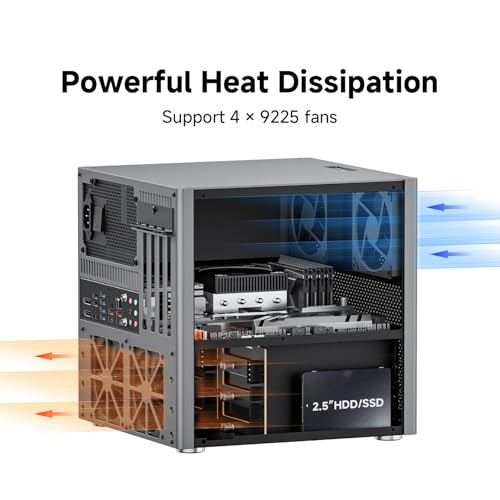 Gabinete NAS de 6 bahías, aluminio, compatible con Micro-ATX y Mini-ITX | 6 bahías hot-swap de 3.5" + 2 bahías SSD de 2.5", compatible con SATA y SAS, soporta fuente ATX y ventilador 9225, 4 ranuras PCIe completas para extensión de 220 mm miniatura 5