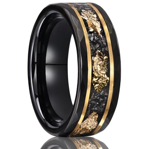 Concept Knight Tungsten carbide Rings for Men 8MM Hammered Golden Grooves and Inlaid with Gold Foil Meteorite Men's Engagement Wedding Bands Matte Brushed (8mm black and gold, 9)