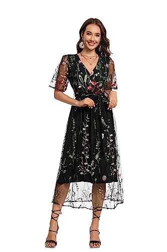 Image of BaronHong Women's Floral Embroidered Tulle Prom Half-Sleeve V Neck Midi Dress with Waist Strap