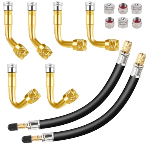 Rallonge Extension Valve Pneu Kit, 45 90 135 Degrés Air Pneu Valve de Adaptateur avec 2 210 mm Tuyaux D'extension de Valve en Caoutchouc et 6 Bouchons de Valve, pour Voitures, Motos, Vélos (Or)