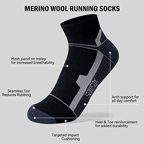 Samsox 2-Pair Merino Wool Running Socks, Made In Usa Cushioned Low-Cut Athletic Socks For Men & Women, Black L #TOP2