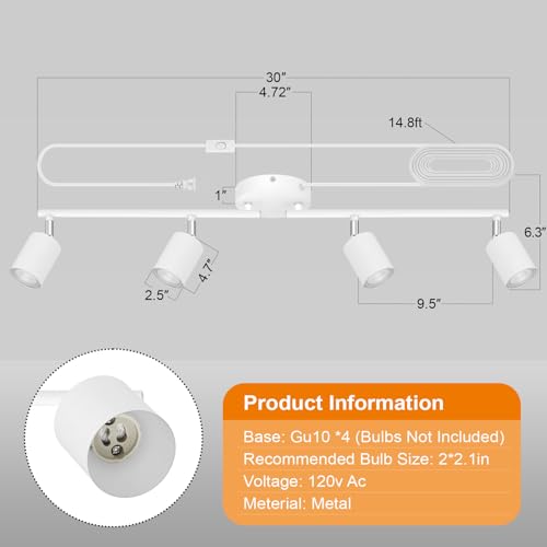 Plug in Track Lighting LED, Track Lighting Fixtures Ceiling, White 4-Light Kitchen Light Kit, Plug in Wall Light with 14.8ft Power Cord, Rotatable Ceiling Spotlight for Bedroom(GU10 Socket, NO Bulb) - Thumbnail 4