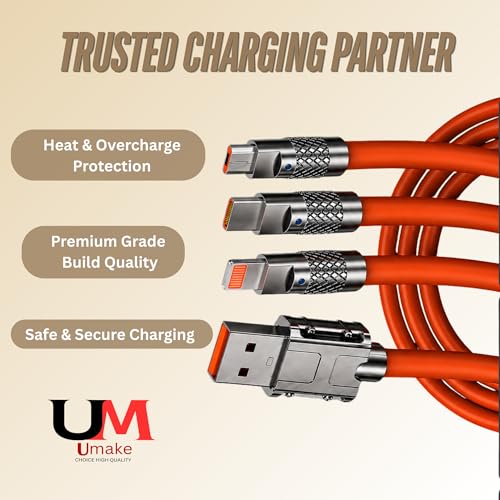 Image of Umake 100w Multi Device Fast Charging Cable 3-in-1, USB to Type-C, ios & Micro USB, High-Speed Charging and Data Transfer, Strong Metal Connector Design, 1M Orange
