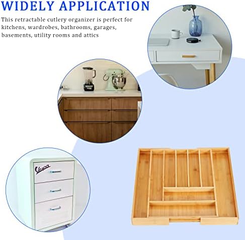 Kinsinder Bamboo Cutlery Tray, Bamboo Expandable Drawer Organizer Kitchen Storage Organizer for Silverware, Utensil, Knives (9 Slots)
