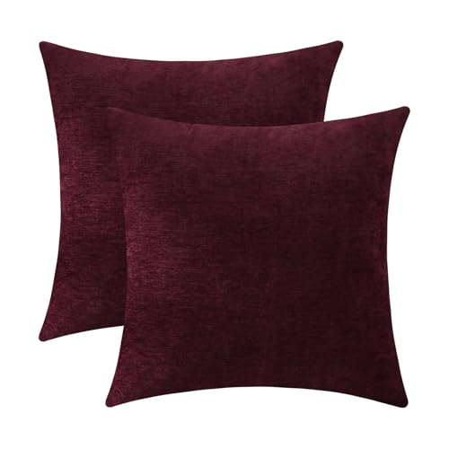 Jeneoo Burgundy Red Decorative Throw Pillow Covers Soft Chenille Comfy Square Couch Cushion Cases for Living Room Sofa Decor (Set of 2 18 x 18 Inches)