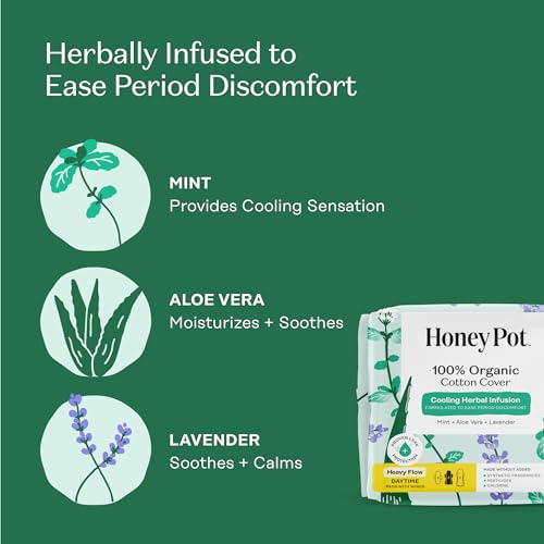 Image of The Honey Pot Company - Herbal Sanitary Pads for Women - Heavy Flow w /Wings - Infused w /Essential Oils for Cooling Effect & Organic Cotton Cover - Feminine Care - 16 ct